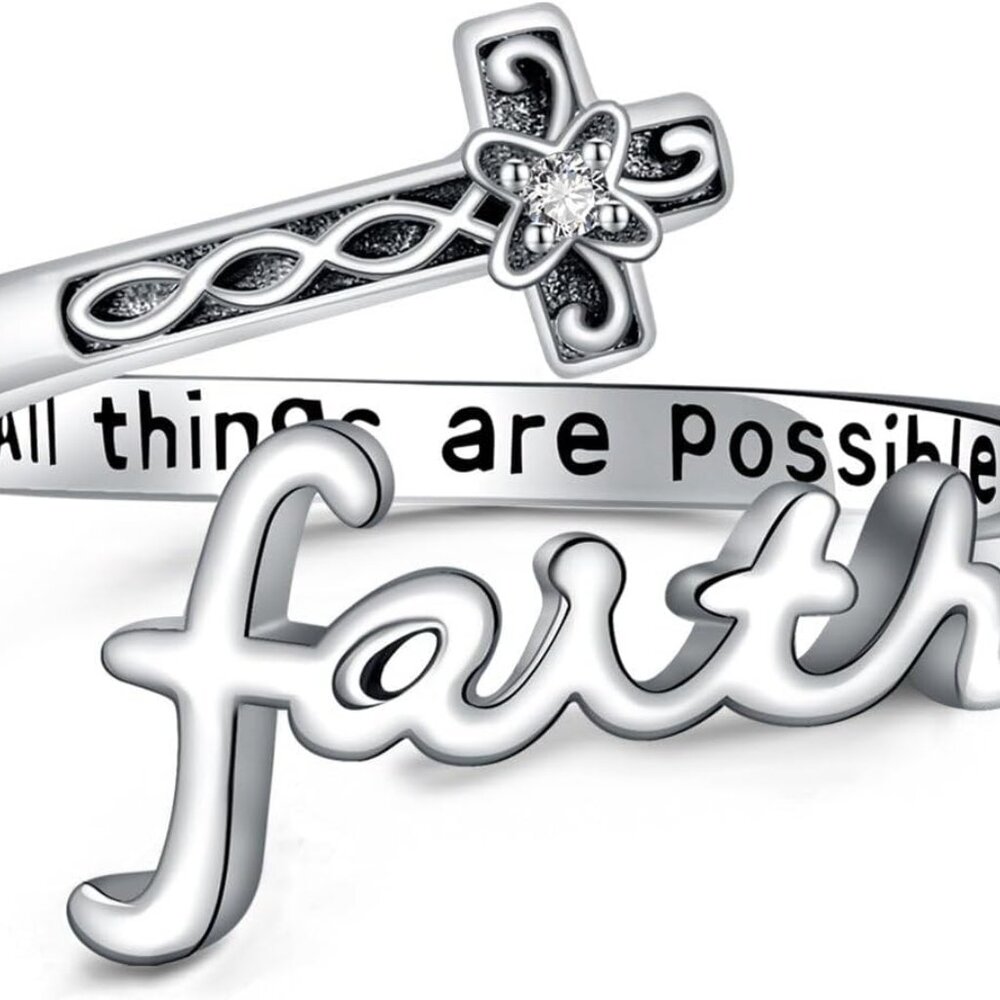 Silver 'Faith' Script Cross Stacking Ring